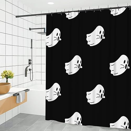 Miniatura 7 de JOOCAR Divertida cortina de ducha de fantasma blanco lindo Halloween espeluznante diablo sobre negro, juego de cortina de ducha duradera con 12