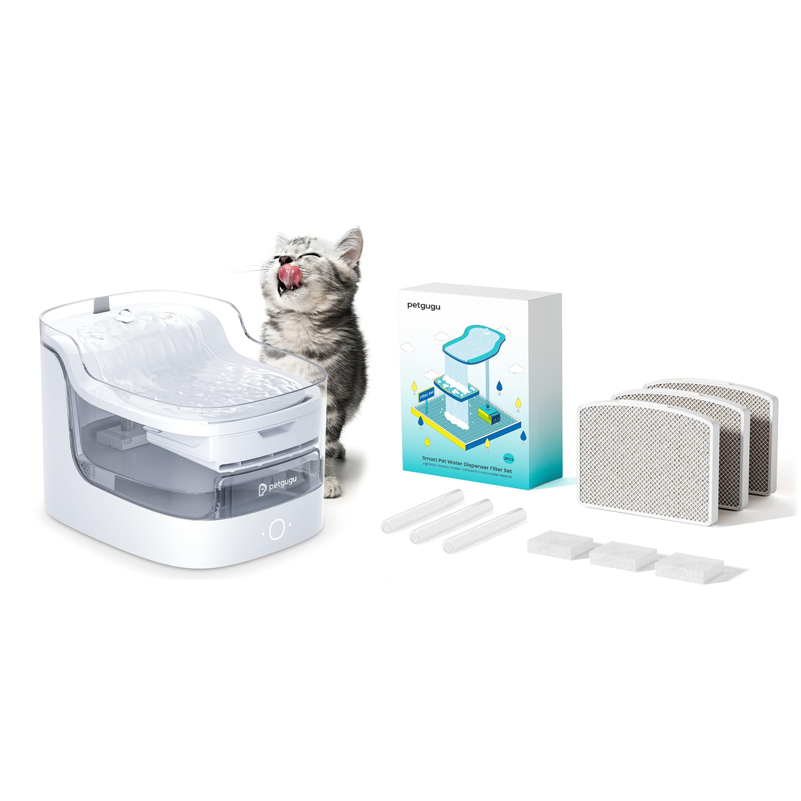 Cat Water Fountain 2L with 3 Replacement Filters, Automatic Pet Water Dispenser for Cats & Dogs, 8-Layer Filtration System, Ultra-Quiet Wireless Pump, Food-Grade, 2.4G WiFi Bundle Set