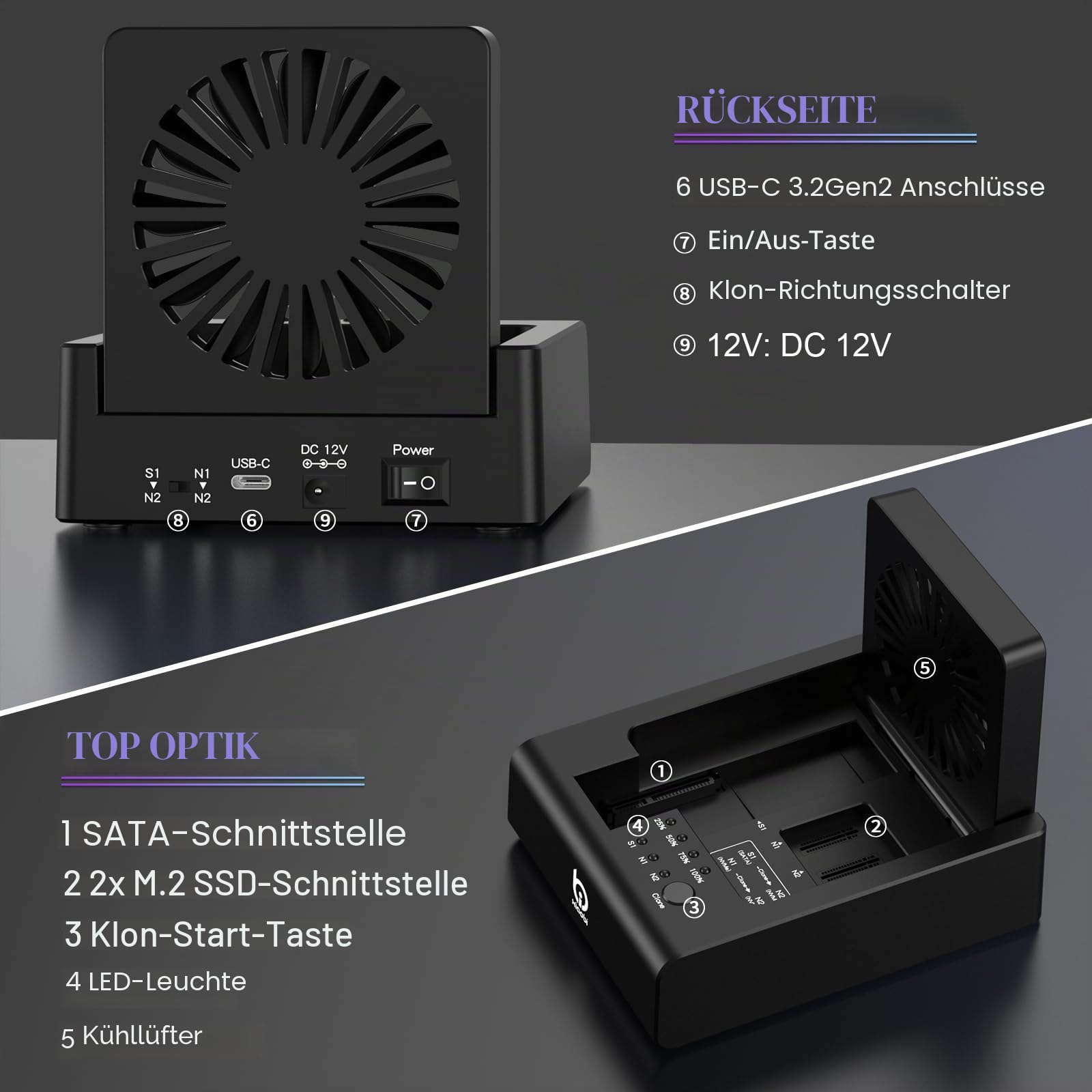 M.2 NVMe & SATA Festplatten-Dockingstation, USB C 10 Gbit/s Festplattenkloner für M.2 PCIe NVMe + SATA 2,5 Zoll / 3,5 Zoll HDD-Konverter, Offline-Klonen, werkzeuglos, Lüfter