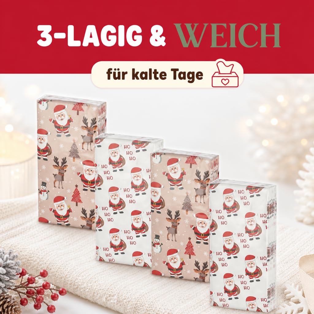 MIJOMA Set di fazzoletti di carta Ho Ho Ho Ho, 3 veli, 36 confezioni, stampati bianchi, pensierini di Natale, regali di Babbo Natale, desideri di guarigione, pratici e morbidi