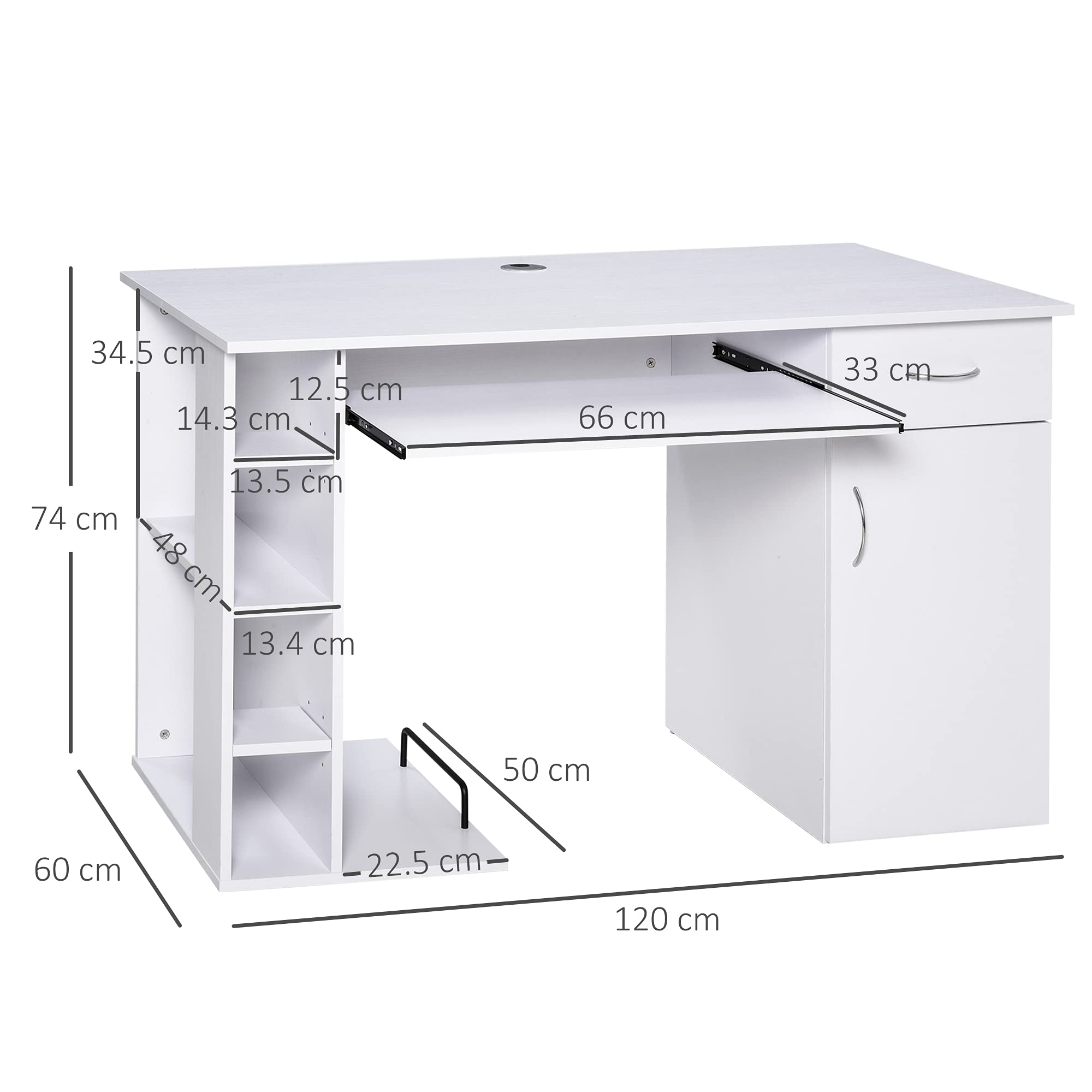 HOMCOM Scrivania per PC Ergonomica con Mensole, Armadietto, Cassetto e Piano Tastiera Estraibile, Bianca, 120x60x74cm