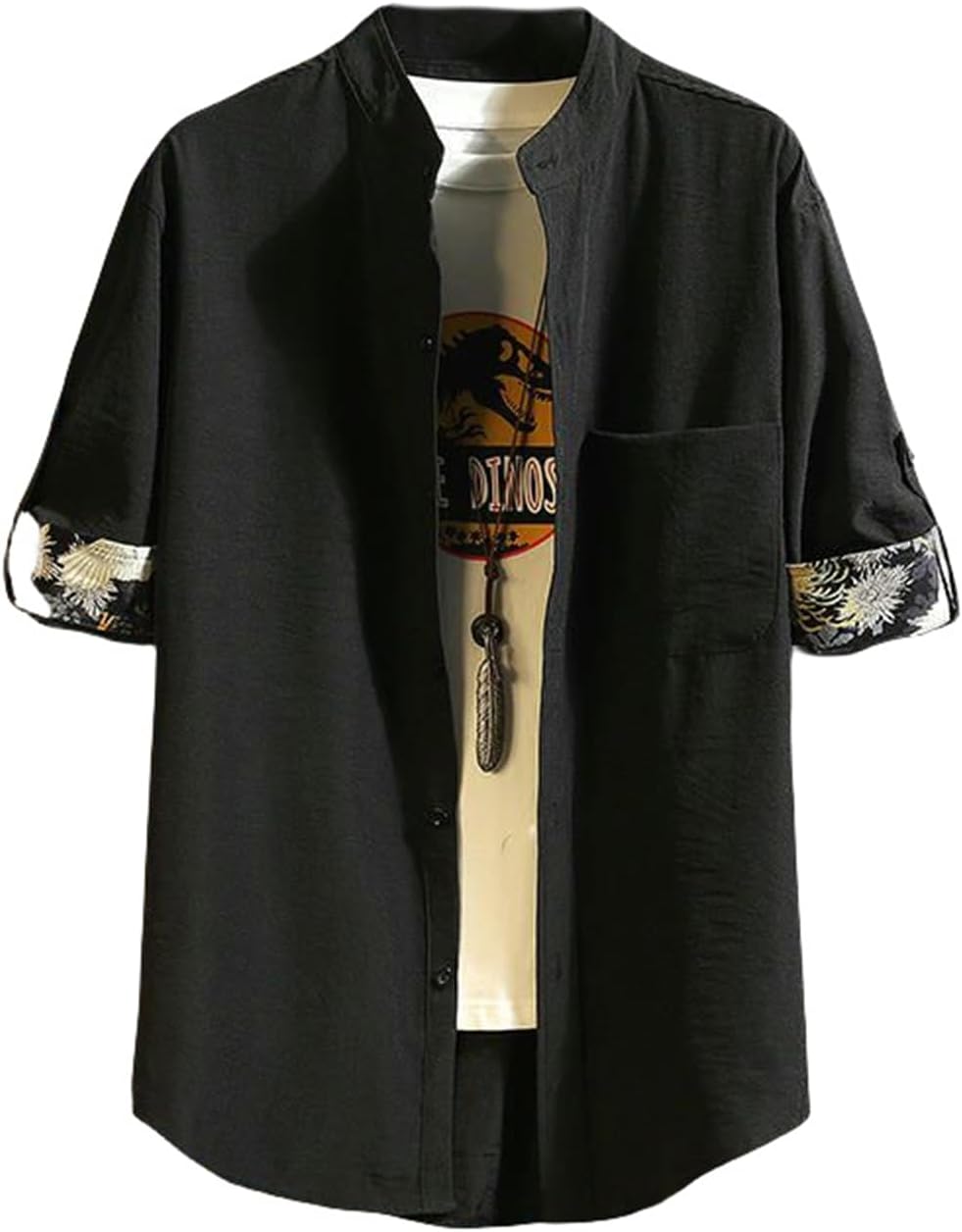 Men's Summer Casual Chinese Style Embroidered Solid Color Short Sleeve Shirt