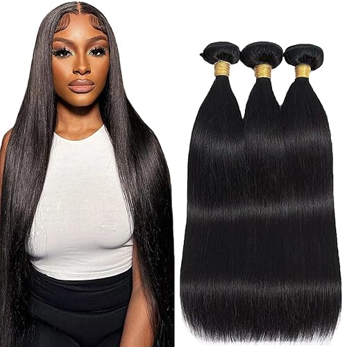 Miniatura 1 de Manojos de cabello humano lacio, cabello virgen brasileño sin procesar, 24, 26, 28 pulgadas, color natural, grado 8A, extensiones de tejido de doble