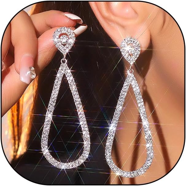 Bling Rhinestone Earrings for Women Silver Teardrop Chandelier Earrings | Sparkly,cz,dangling,trendy,fancy,large,bridal,bridesmaid,wedding guest,prom jewelry,costume accessories,statement,gift