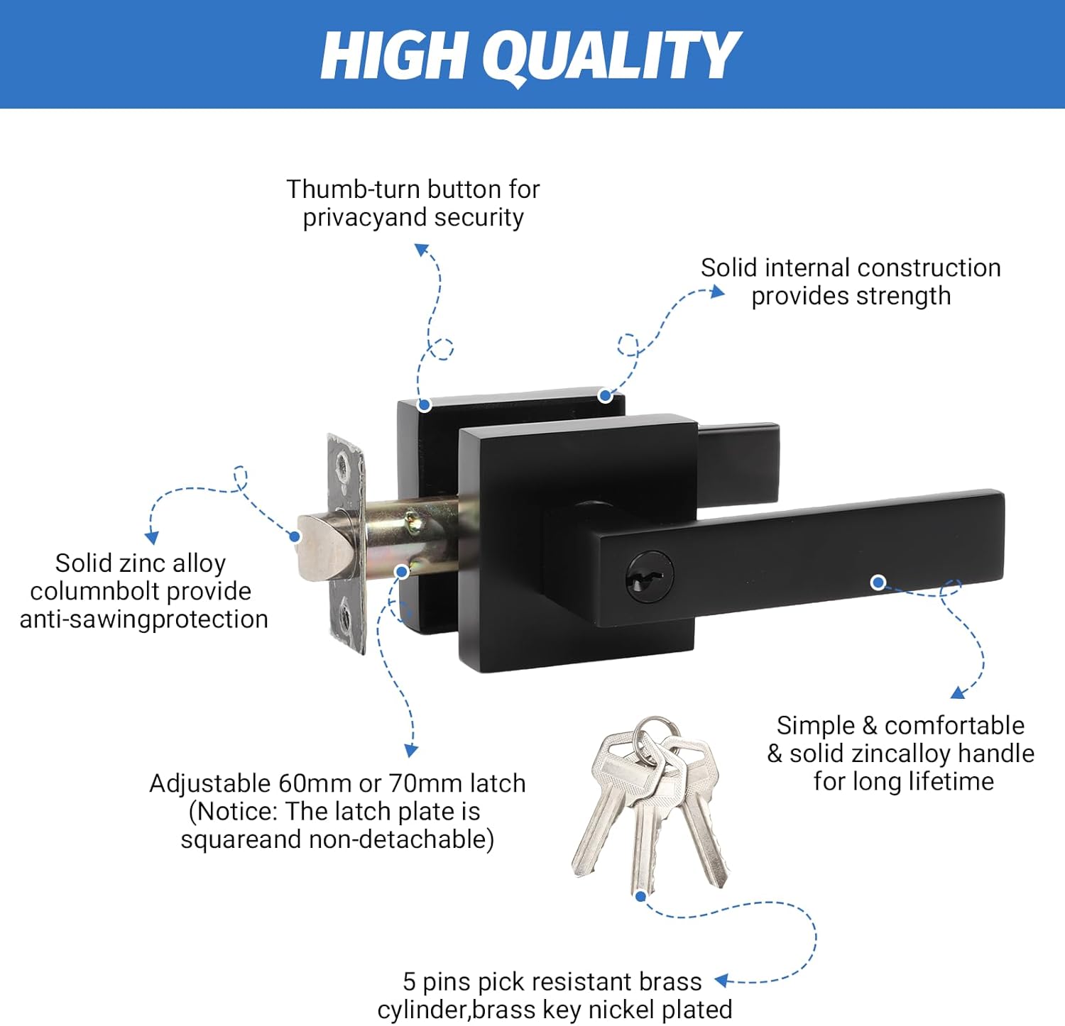 Entry Door Handle, Black Door Lever with Lock and Key, Entrance Door Lock Heavy Duty Keyed Exterior Door Knob for Bedroom, Bathroom, Front Door, Office, 1 Pack in Black Each with 3 Keys