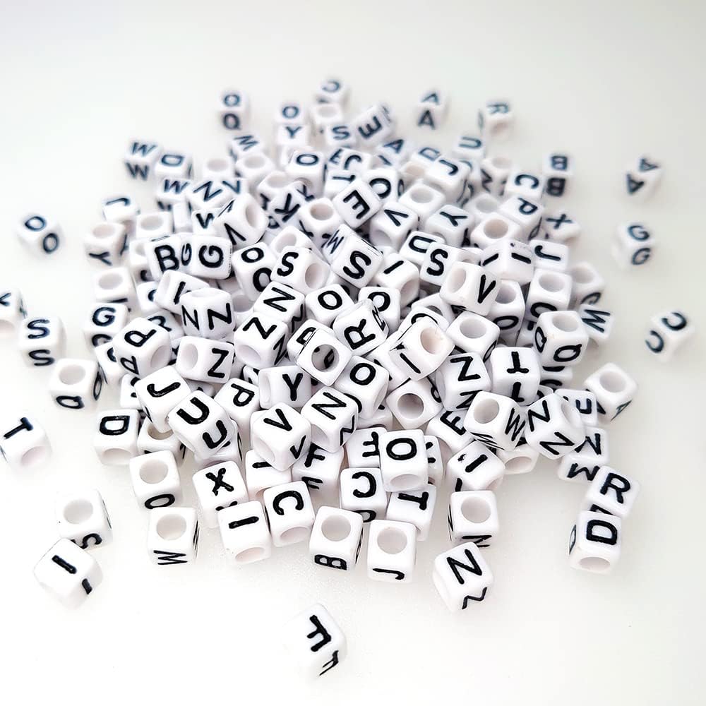 300+ Pieces 10x10mm Big Large White Cube Acrylic Alphabet Letter Beads A-Z Mixed Plastic Shape Loose Beads for Jewelry Making Bracelets Necklaces Key Chains (Black on White)