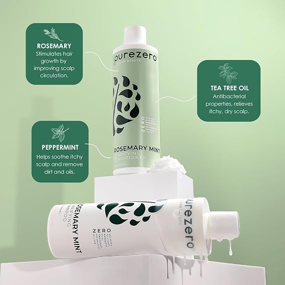 Purezero Rosemary Mint Clarifying Silicone Free Shampoo & Conditioner Set Vegan Duo for Balanced Scalp, Build-Up Removal & Fresh Minty Finish Sulfate-Free, Paraben-Free, Cruelty-Free, 212 oz