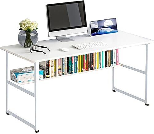 Escritorio para computadora con estantería con marco de metal, escritorio para juegos, escritorio de oficina en casa grueso para computadoras