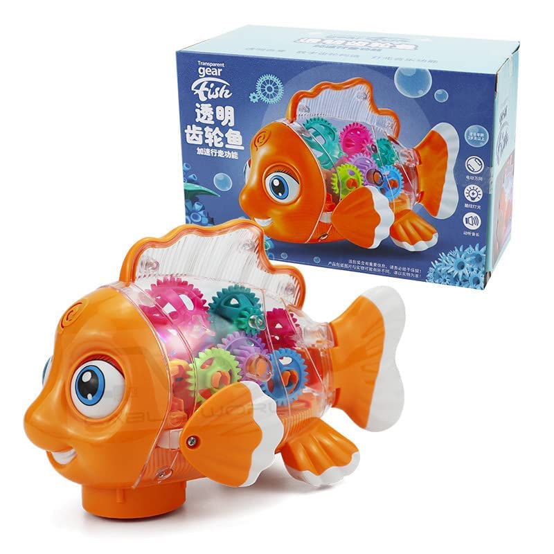 OCTRA Transparent 3D Fish Toy 360 Degree Rotation, Gear Simulation Mechanical Fish Sound and Light Toy for 2-5 Years Boys and Girls (Big Size) (Concept Fish)