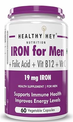 HealthyHey Nutrition Iron Supplement for Men -100% Chelated - With Vitamin B12, Folic Acid & Vitamin C for High Absorpti