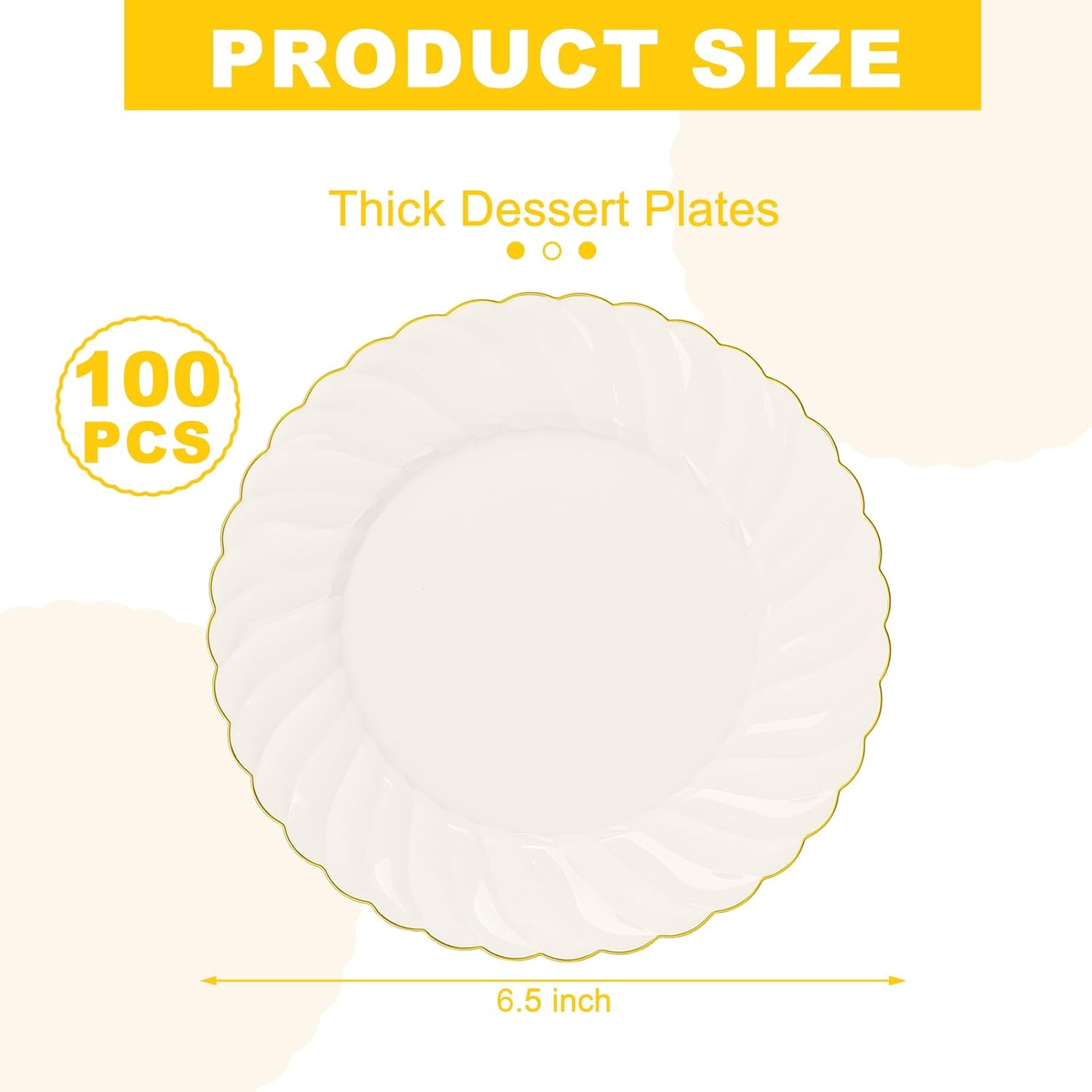 youbet 100 pack ivory scalloped plastic plates - 6.5 inch gold disposable plates with gold rim - high end elegant vintage dessert salad plate for birthday parties & wedding 6.5inch ivory