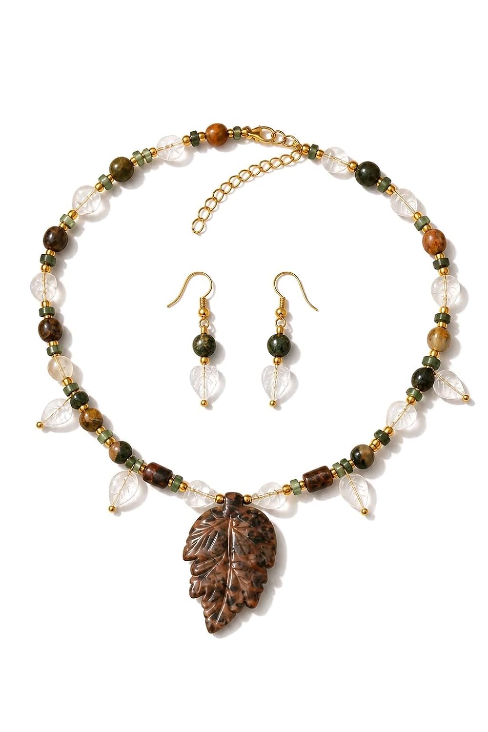 Luna Healing Gems Carved Leopardskin Jasper Leaf Pendant Necklace Set