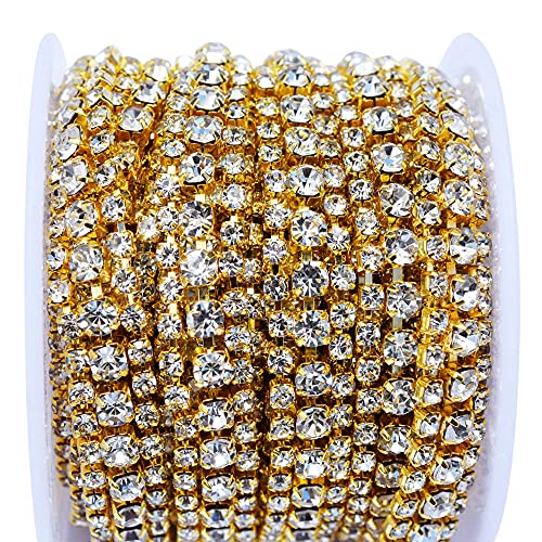 3 Rows Crystal Rhinestone Close Chain Trimming Claw Chain,Crystal Bead Chain For Sewing Craft Diy Jewelry Wedding Decor (Clear Color Rhinestone With Gold Base, 3 Yard X 0.47 Inch) #TOP2