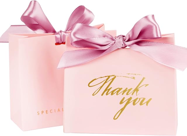 20 pcs Thank You Gift Bags Pink Cardboard Paper Bag with Pink Bow Ribbon for Elegant Wedding Easter EID Party Birthday Girls Parties Baby Shower Parties Celebrations Present Wrap Supply