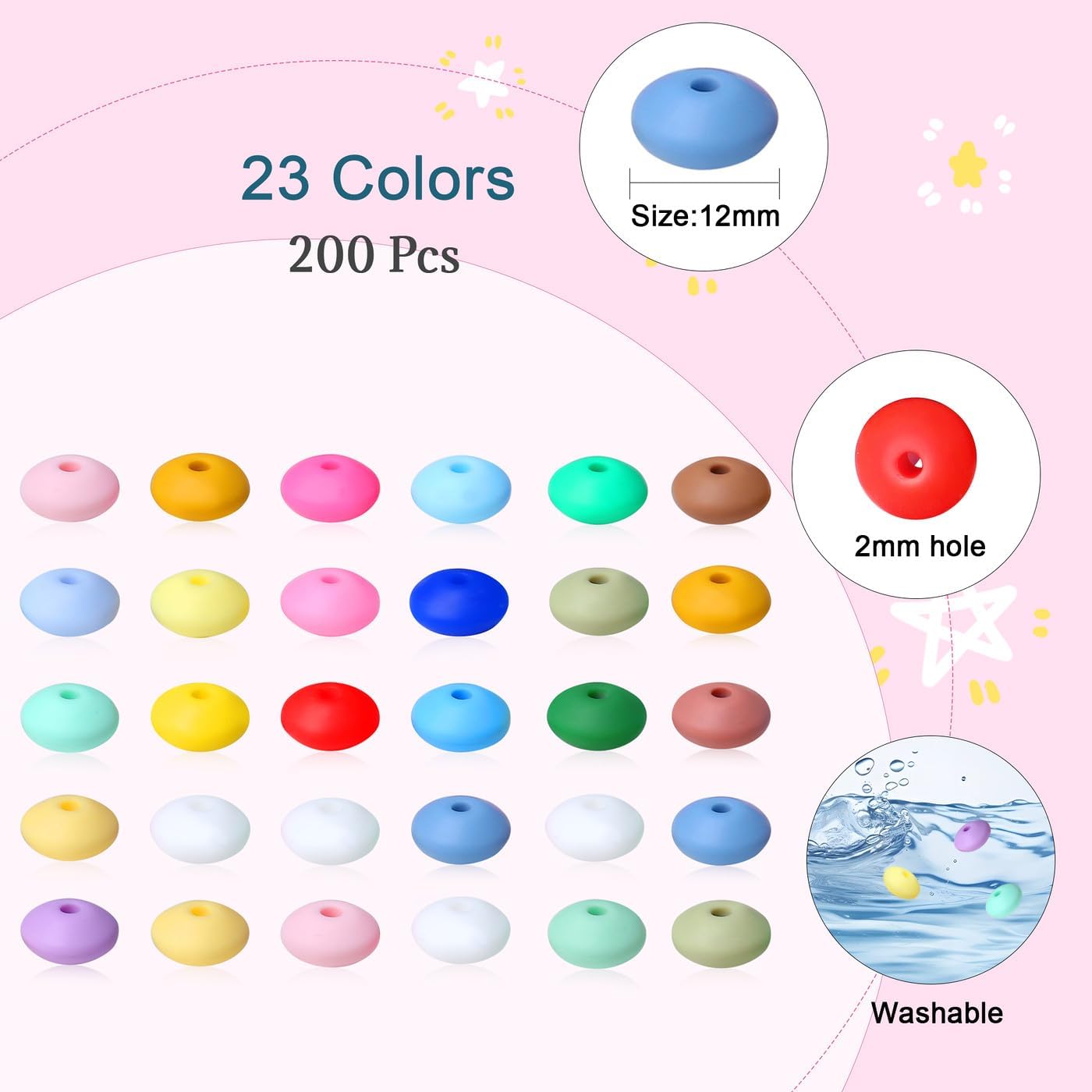 200Pcs Silicone Lentil Beads, 12mm 23 Colors Silicone Focal Bead Bulk Loose Abacus Beads for Keychain Making Lanyard Necklace Jewelry Bracelet Spacer Pens Accessories image 2