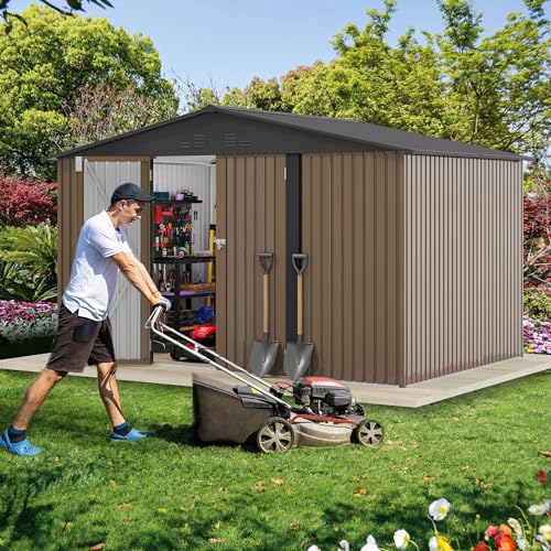 Image of DWVO 10'x8' Large Metal Outdoor Storage Shed, Heavy Duty Tool Storage Sheds for Backyard Patio Lawn - Ideal for Bicycles, Garden Tools, and Lawn Equipment, Easy-to-Assemble, Brown