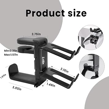 Rotating Headphone Stand with 360 Swivel - Adjustable Clamp-on Under Desk Headset Holder, Universal Gaming & Office Headphone Hanger (Black)