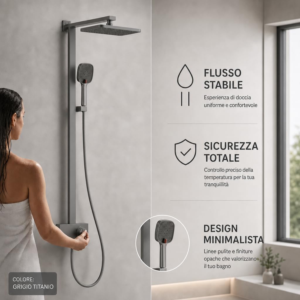 INEX EUROPA Colonna Doccia Nero Grigio Titanio Premium Acciaio Inossidabile 10 Anni di Garanzia - Colonna Doccia Quadrata Effetto Pioggia 3 Modalità di Funzionamento - Doccia 137cm Nero Grigio Titanio