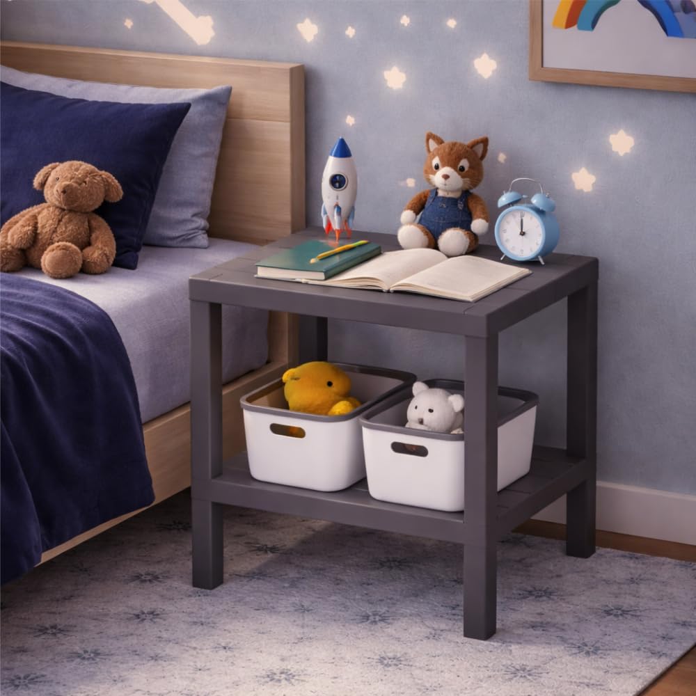 sugodesign OMBEG 2-stöckiger Mehrzweck-Beistelltisch, Nachttisch, Rechteckig, Wasserfester Kunststoff, Tragkraft 10 kg pro Boden, für Bad, Küche, Balkon, Schlafzimmer (grau)