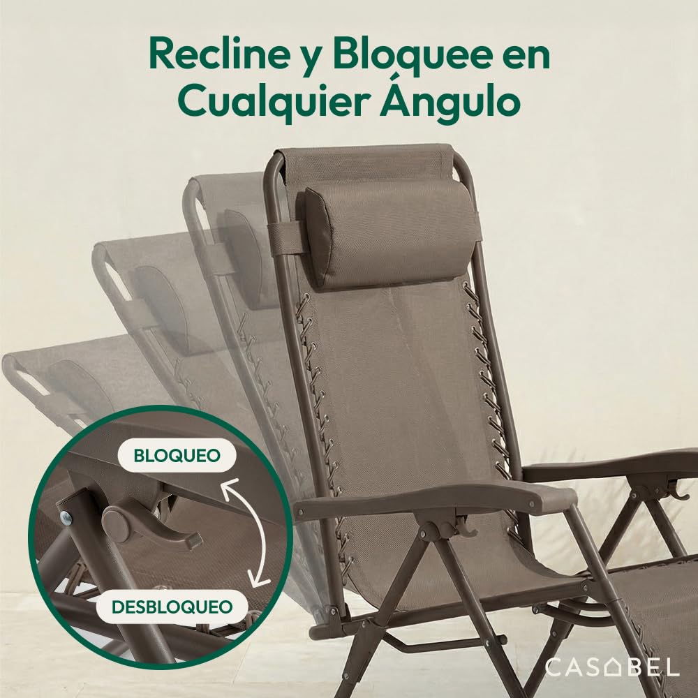 CASABEL Sillon Relax Reclinable, 2 Sillas con Cojin Plegables para jardín, Terraza Exterior o Camping, Silla Plegable Camping con Armazon de Acero y Tejido Textilene Resistente, Color Topo