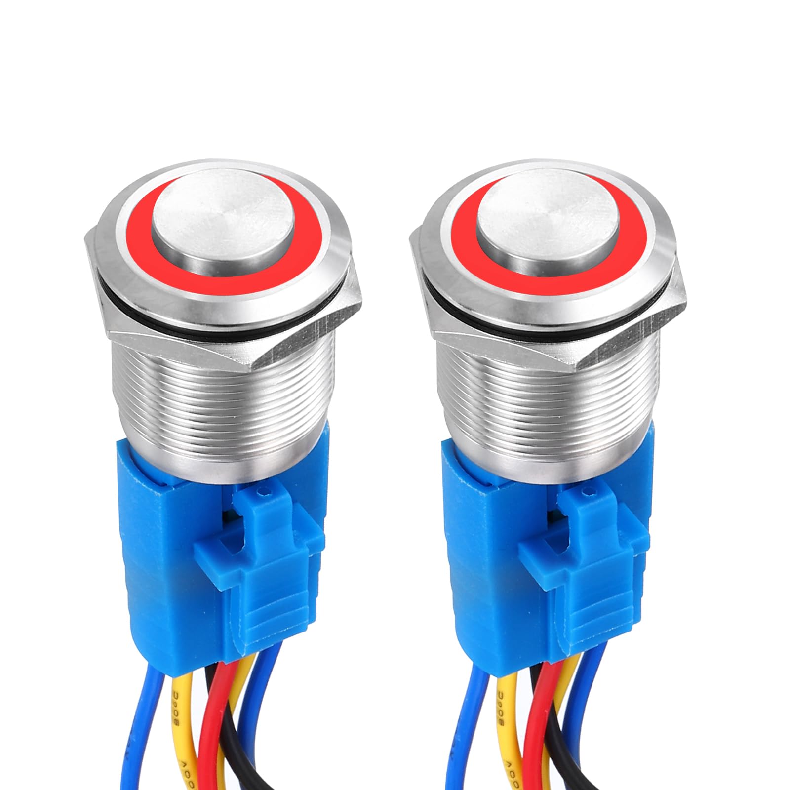 DMiotech 2 Pack 7/8 Inch Stainless Steel Latching Push Button Switch Domed Head 5A 12-24V Silver Shell 6 Pin with Cable Socket Red Ring LED 1NO1NC for Car Boat Systems Custom Setups