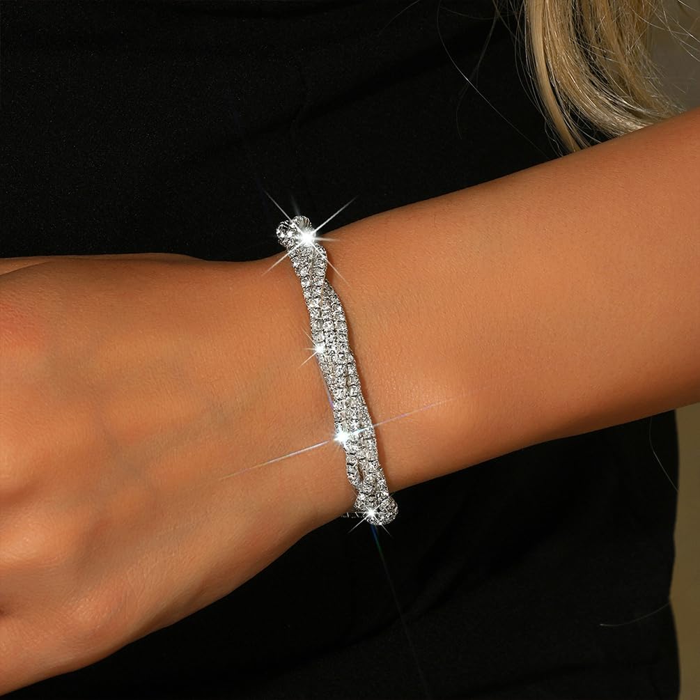 Bling Rhinestone Stretch Tennis Bracelet for Women, Sparkly Silver Twisted Crystal Cubic Zirconia Bracelets Statement Prom Party Jewelry Accessories - Image 4