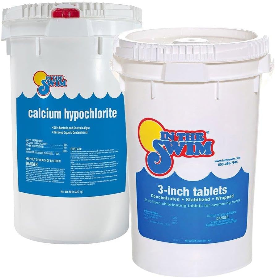 In The SwimShock and Chlorine Bundle for Sanitizing Swimming Pools – Includes 50 Pound Bucket of 68% Cal-Hypo Pool Shock and 50 Pound Bucket of 3 Inch Stabilized Chlorine Tablets