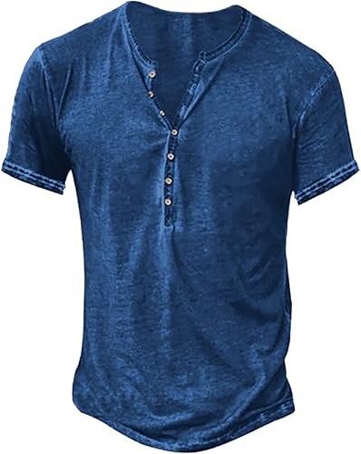 Miniatura 27 de Camisas Henley desgastadas para hombre, camisetas retro de manga corta, camisetas casuales con botones lavadas para hombre