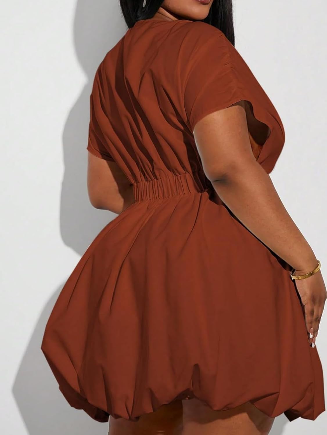 WDIRARA Women's Plus Size Deep V Neck Bubble Dress Short Sleeve A Line Mini Dresses - Image 2