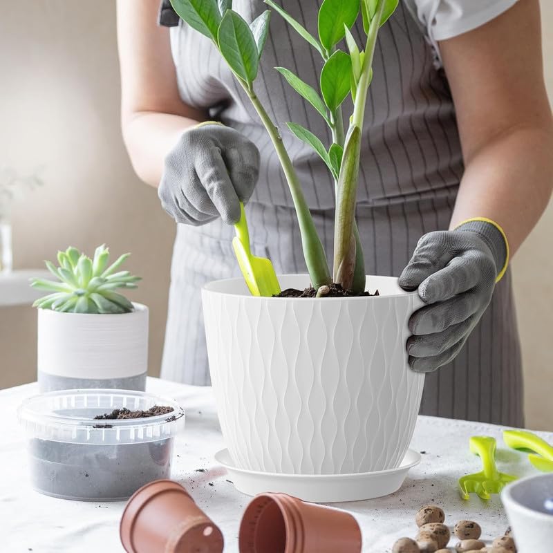 Image of StyleX Store Plastic Round Flower Pots with Drainage Hole Saucers | Durable Outdoor Indoor Wave Pattern Planters with Tray | Plant Containers for Garden, Office, Balcony and Home (Set of 5, White)