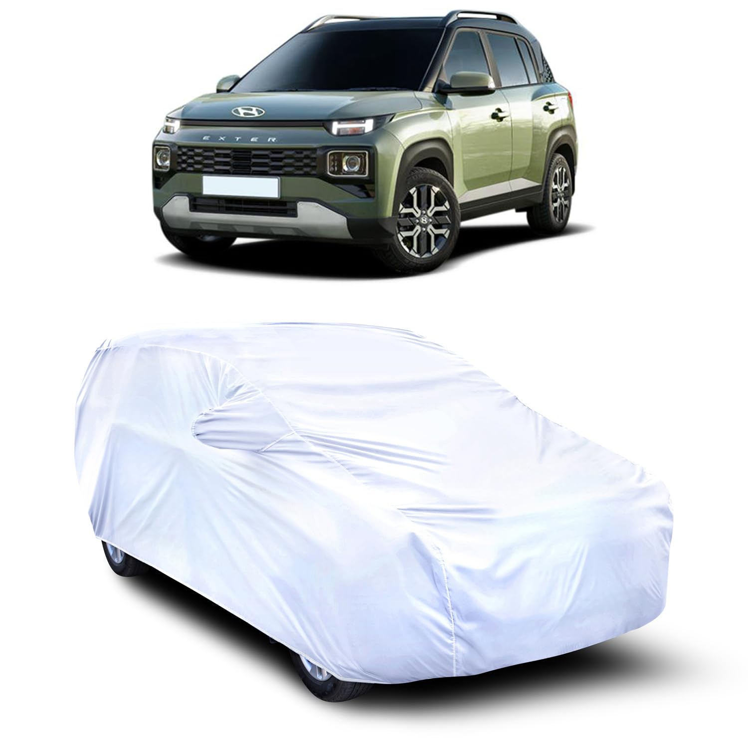 AOSIS® UV Rays Protector & Dust Proof Car Body Cover Thick Polyster Fabric(190T) Designed for Hyundai Exter with Mirror Pocket | Scratch Proof |Heat Resistant | 100% Fit(Silver)