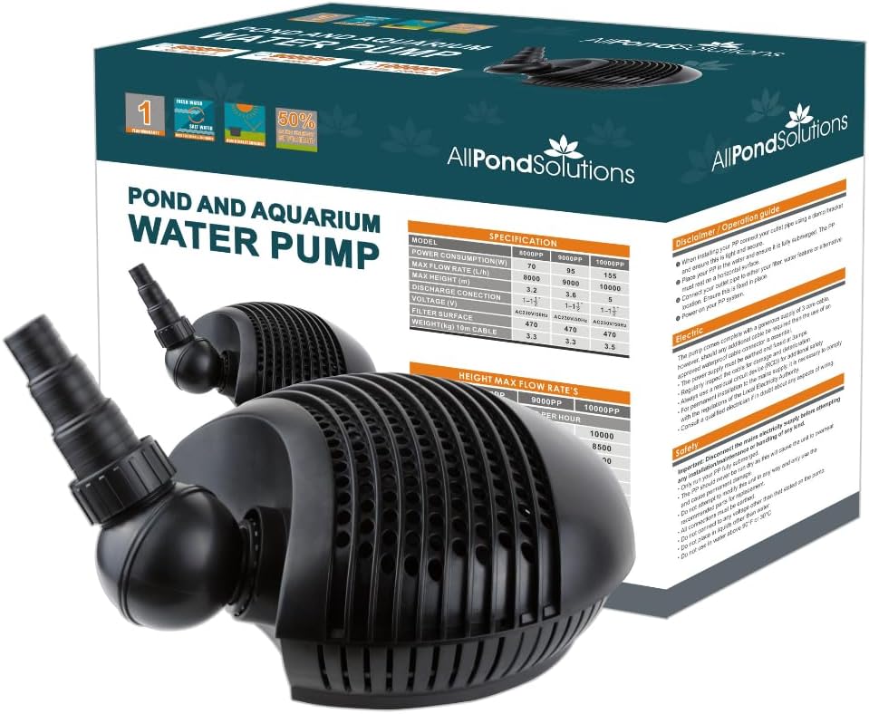 Pond Filter Pump 8000 L/H, Fully Submersible - Energy Efficient Koi Fish Waterfall Pump 6mm Solids Handling. 8000PP