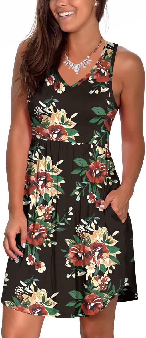 Atizon Casual Summer T Shirt Dress for Women V Neck Swing Elastic Tunic Short Sundress with Pockets