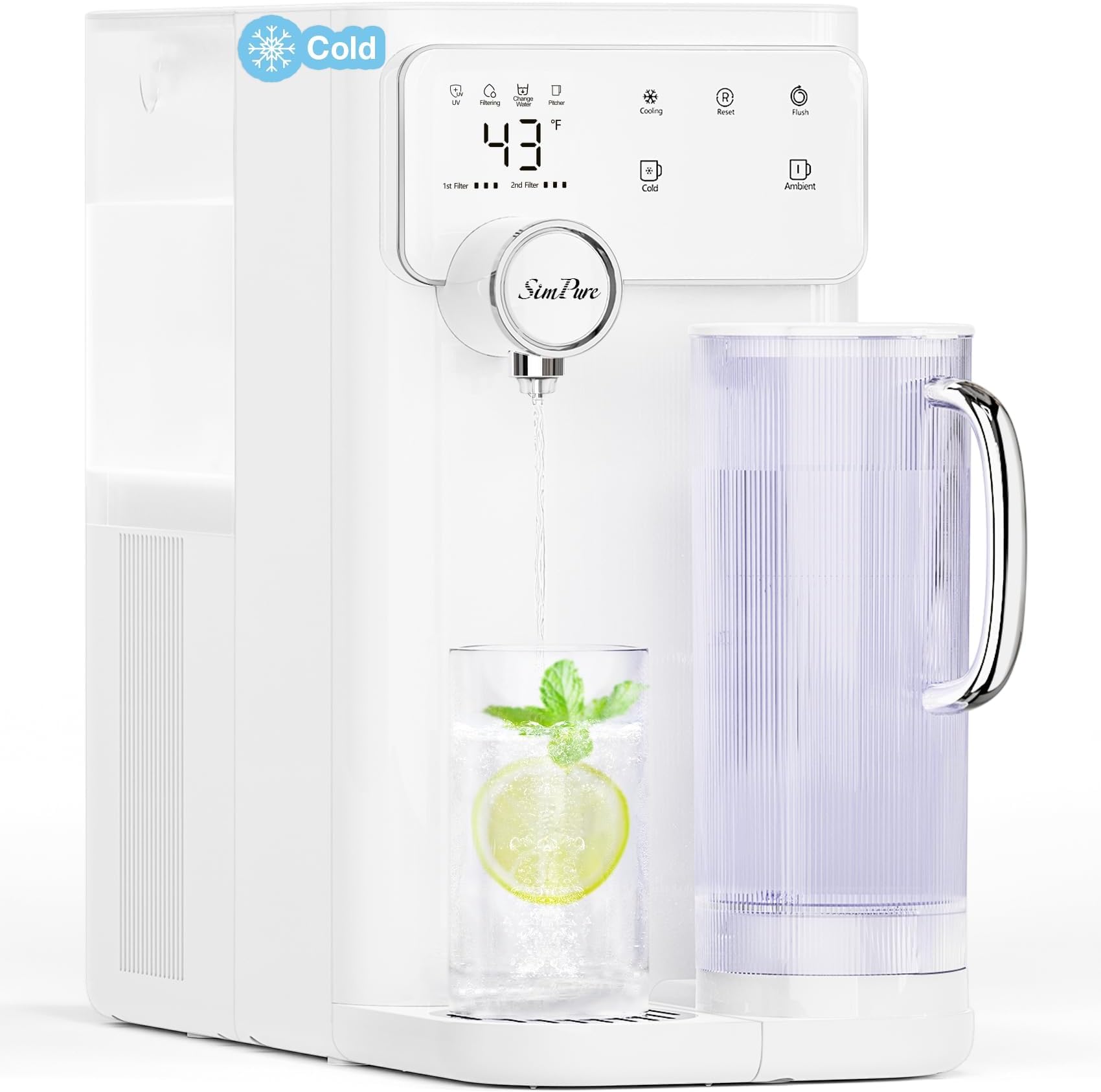 SimPure Y10C UV Cold Reverse Osmosis Water Filter Countertop, 7-Stage RO Water Filtration System, Water Purifier with Portable Water Pitcher, Temperature Adjustable 43-59°F, No Installation