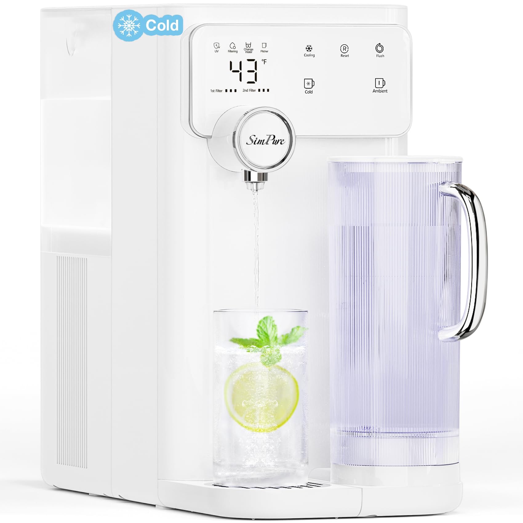 SimPure Y10C UV Cold Reverse Osmosis Water Filter Countertop, 7-Stage RO Water Filtration System, Water Purifier with Portable Water Pitcher, Temperature Adjustable 43-59°F, No Installation