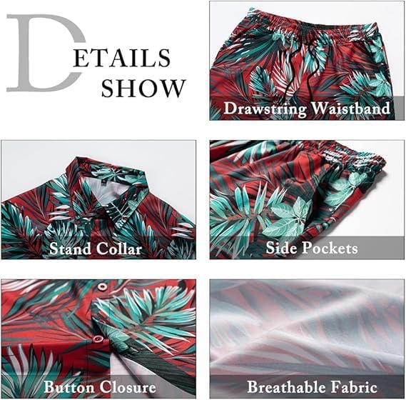 YTD Mens Flower Hawaiian 2 Piece Outfit Sets Short Sleeve Beach Casual Button Down Shirt and Shorts Suits - Image 5