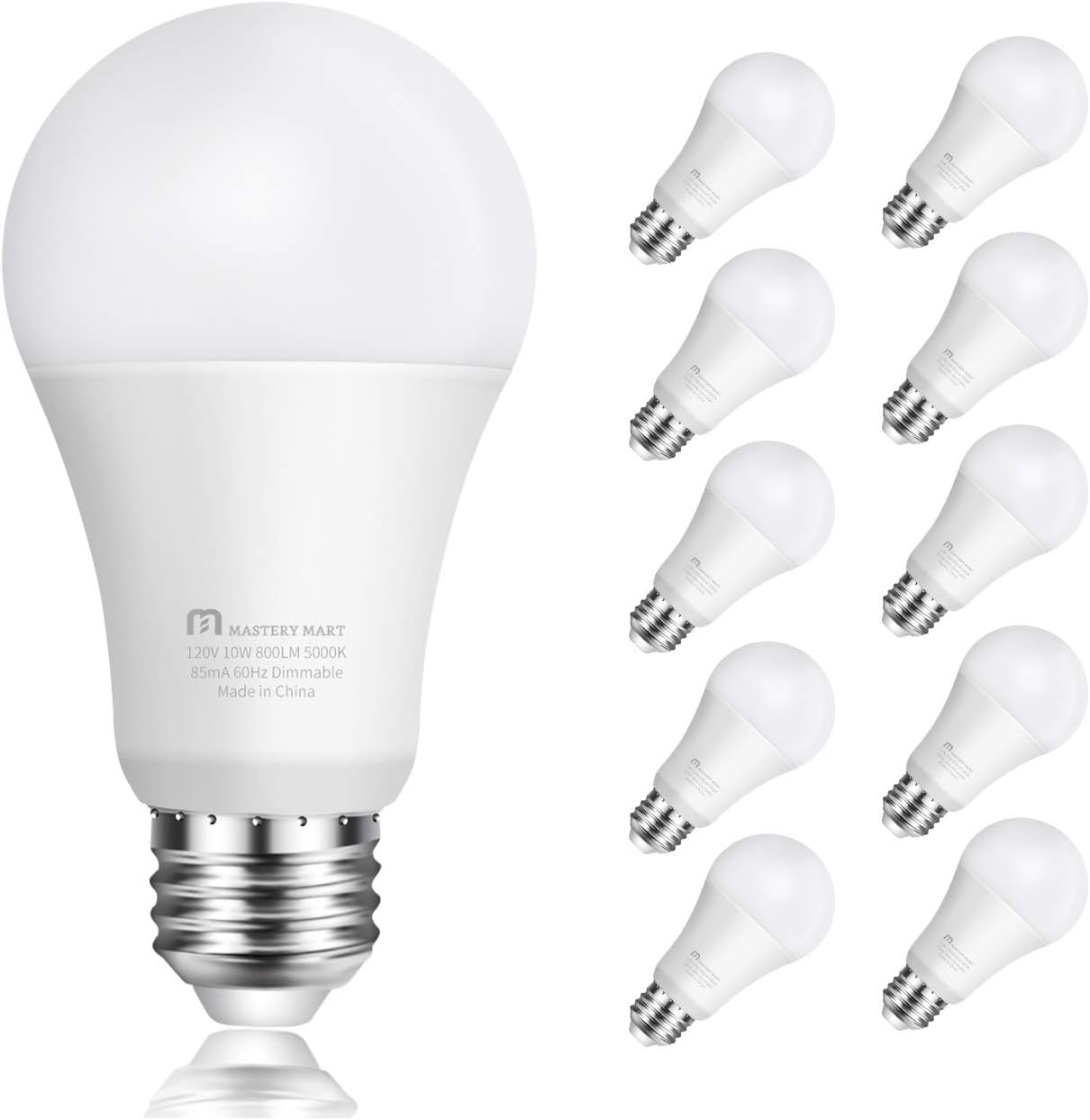 Led Light Bulbs 10 Watt 60 Watt Equivalent A19 E26 Dimmable 5000k Daylight White 800 Lumens Medium Screw Base Energy Star Ul Listed By Mastery Mart Pack Of 10 Amazon Com