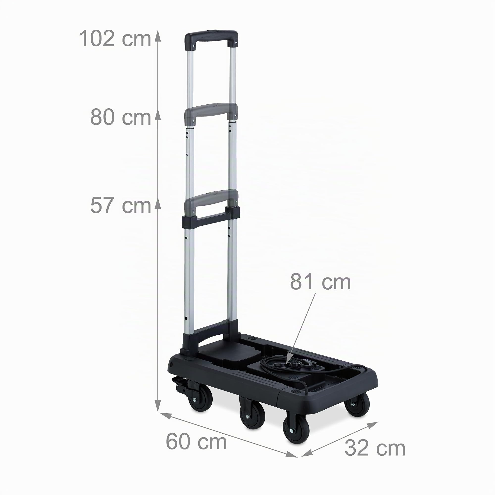 Relaxdays Chariot de Transport Pliable, Extensible, poignée télescopique, 4 roulettes, 2 Roues Frein, Max 100 kg, Noir