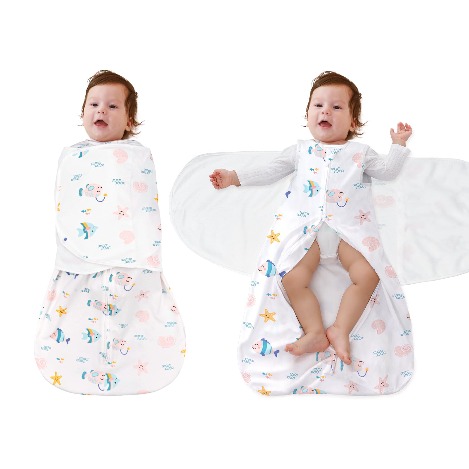 FUNUPUP Pucksack Baby 0-6/6-12 Monate, 100% Baumwolle Swaddle Schlafsack Baby Sommer 1 Tog, 3-in-1 Babyschlafsack mit Klettflügeln und Doppeltem Reißverschluss