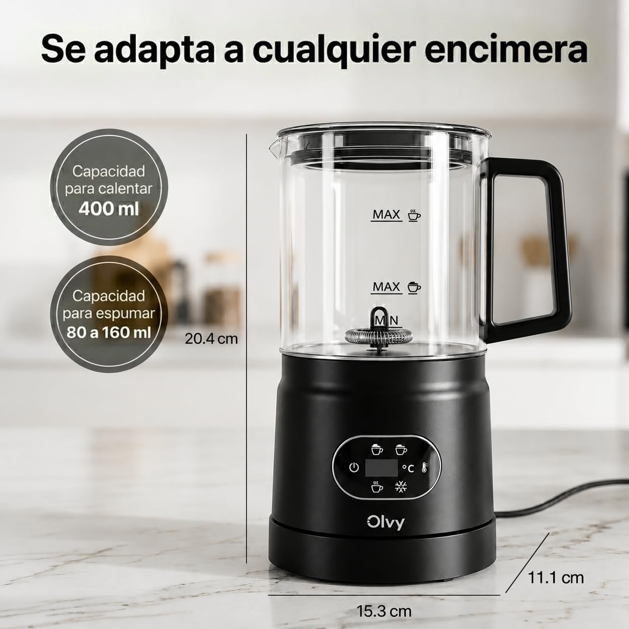 Olvy Espumador de Leche Eléctrico 500W 3en1 Caliente Frío Calentamiento Negro
