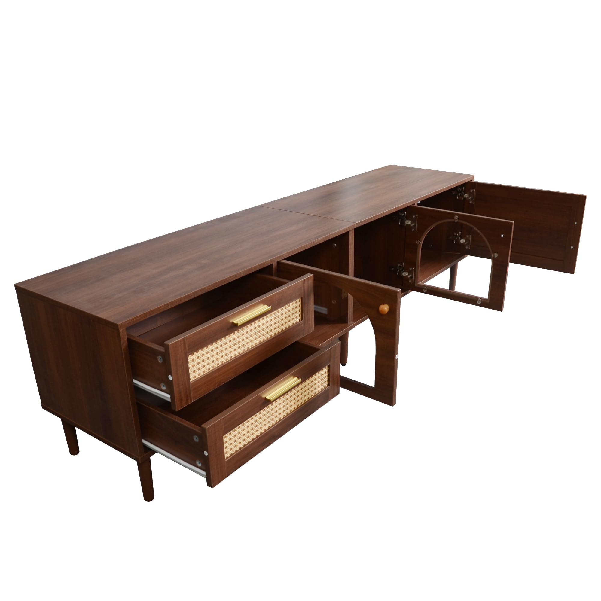 TIZZ Mueble de TV de 180 cm marrón para televisor de 80 pulgadas con 2 cajones de ratán, 2 puertas de cristal arqueadas, 1 puerta de ratán, iluminación LED, salón, almacenamiento elegante