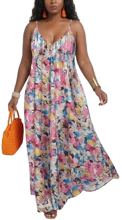 Image of Women's Casual Summer Maxi Dresses Sleeveless Adjustable Spaghetti Strap Loose Plus Size Dresses