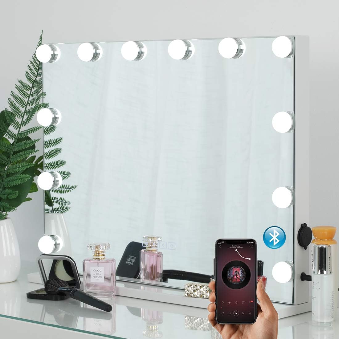 iCREAT Mirror with Lights, Makeup Mirror with Bluetooth, Vanity Mirror with 12 Bulbs, Tabletop Mirror&Wall Mounted Beauty Mirrors, Touchscreen Control, Adjustable Brightness, 3 Color Modes, White