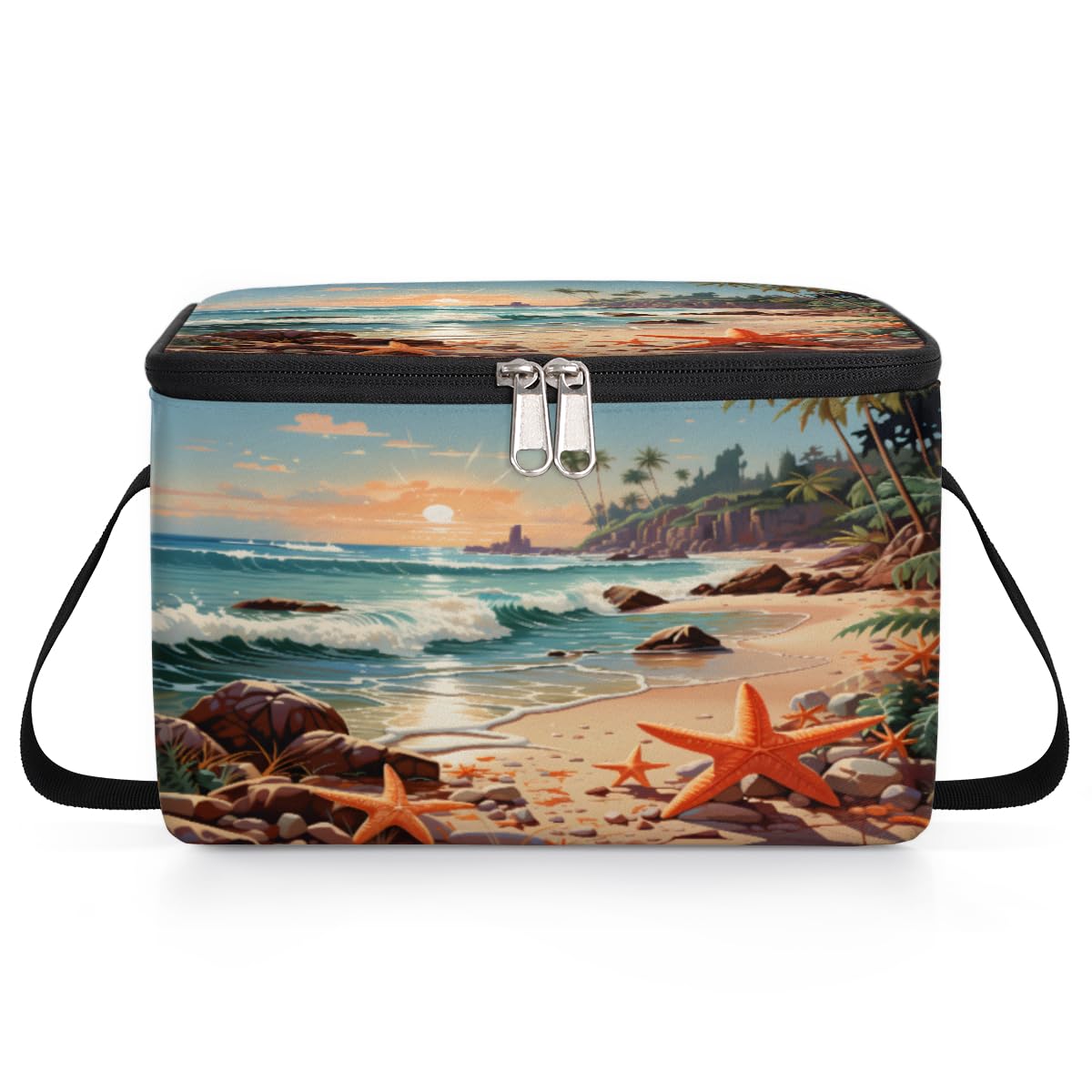 GzLeyigou Beach Starfish Seashell Lunch Bags for Women Men 9 Cans, Hot & Cold Food Delivery Bag Insulated Grocery Bag Insulated Lunch Box Seaside Cooler Bag for Office Work Picnic Beach