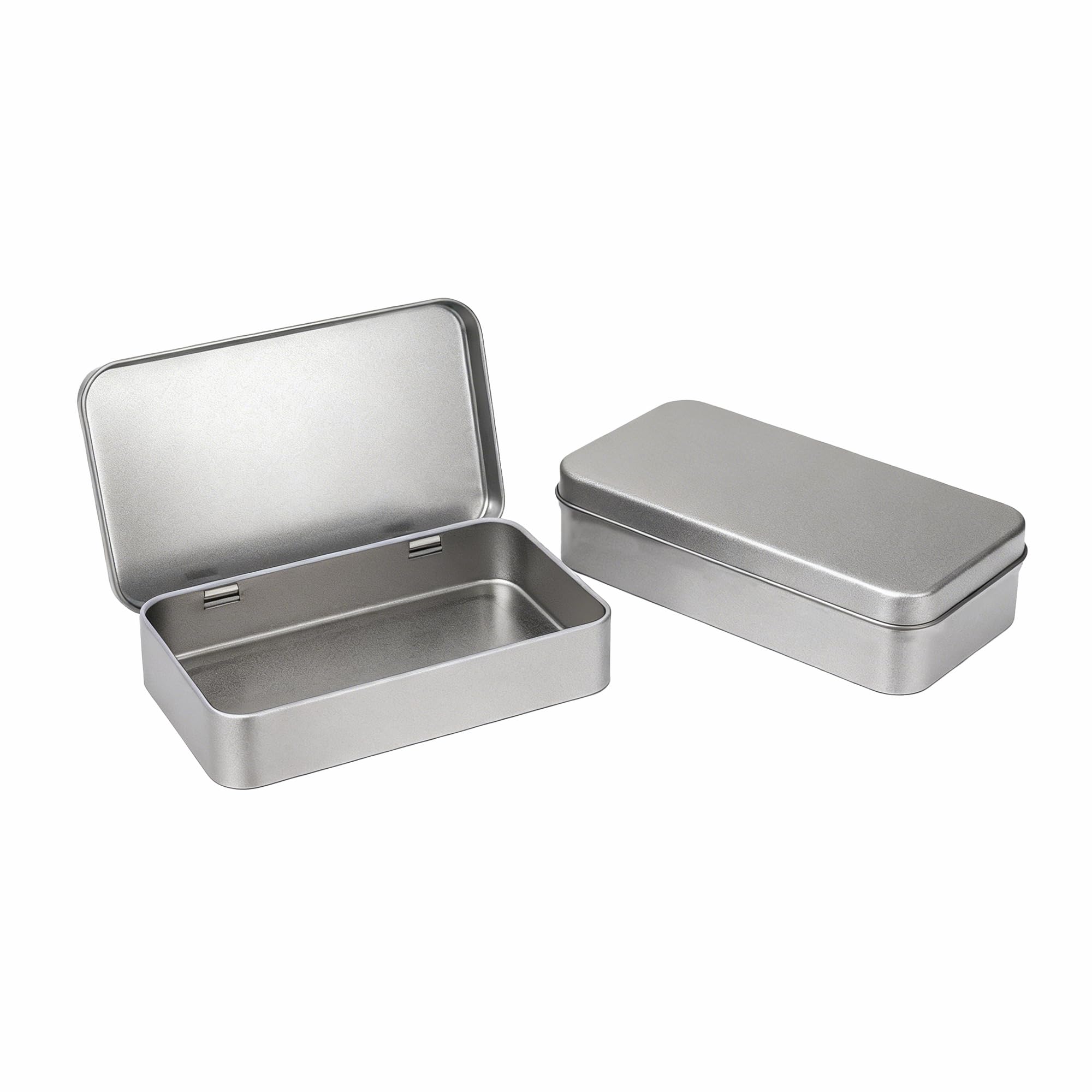 LJY 2 Pack Silver Rectangular Metal Tin Box with Hinged Lid 15 x 9 x 3 cm – Empty Storage Tins with Writable Surface for DIY Labelling, Crafts and Hardware Organiser