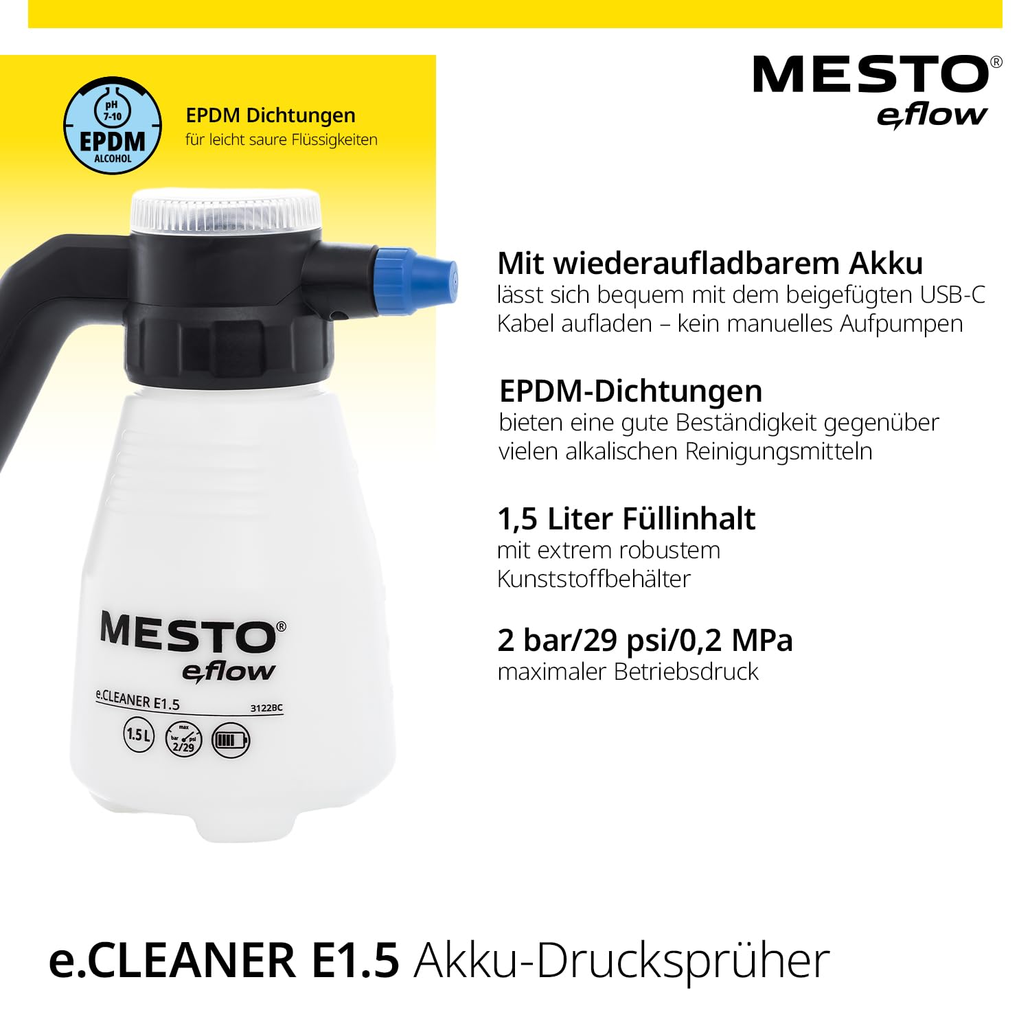 MESTO e.Cleaner E1.5 Akku-Drucksprüher 1,5L | Akku Drucksprühgerät 2 bar | Drucksprüher elektrisch für Reinigung | Drucksprühflasche für leicht alkalische Flüssigkeiten & Laugen | inkl. USB-C Kabel