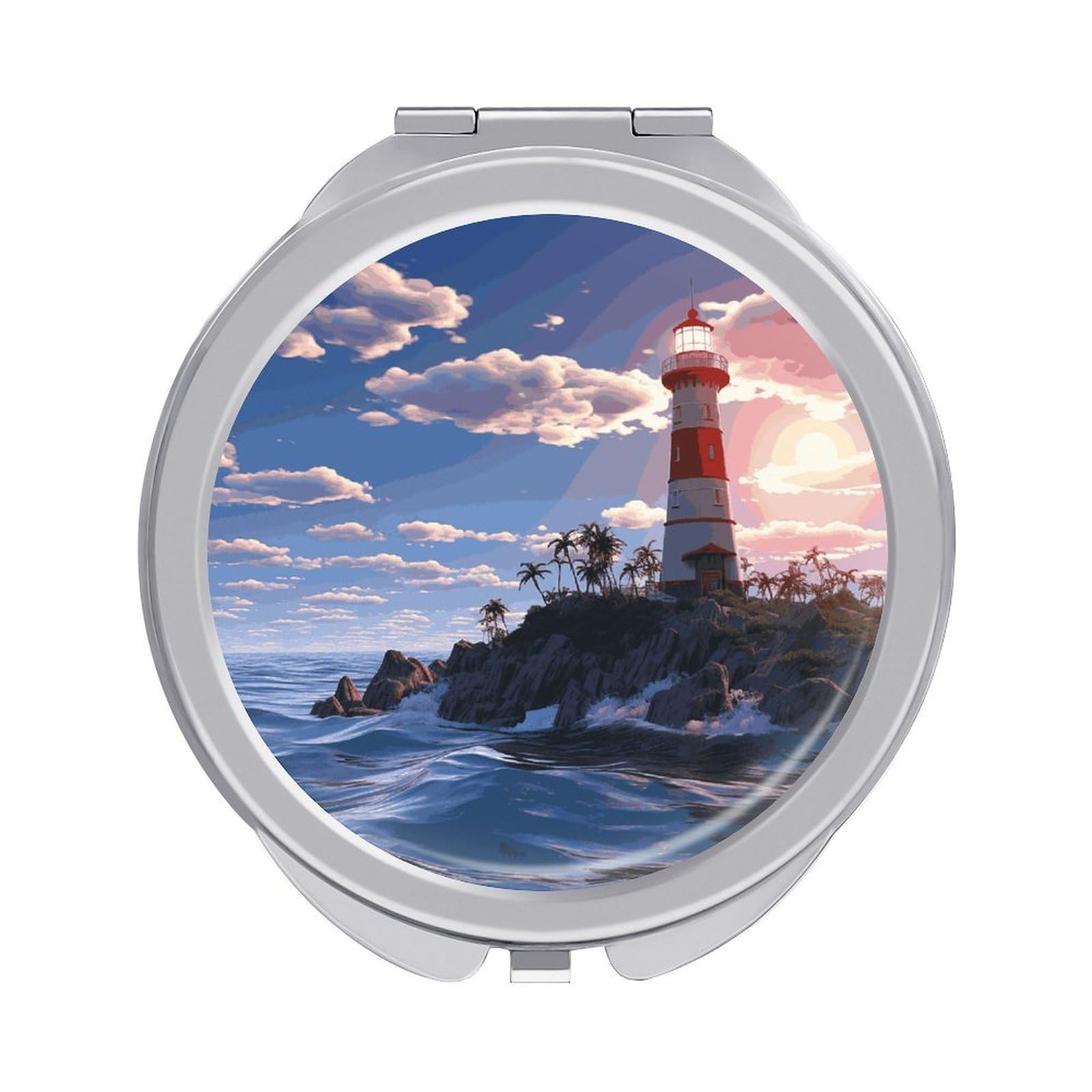Fekiloot Style Navigation Lighthouse Travel Makeup Mirror Handheld Compact Mirror Portable Pocket Mirror Double-Sided 1X/2X Magnifying For Handbag And Purses