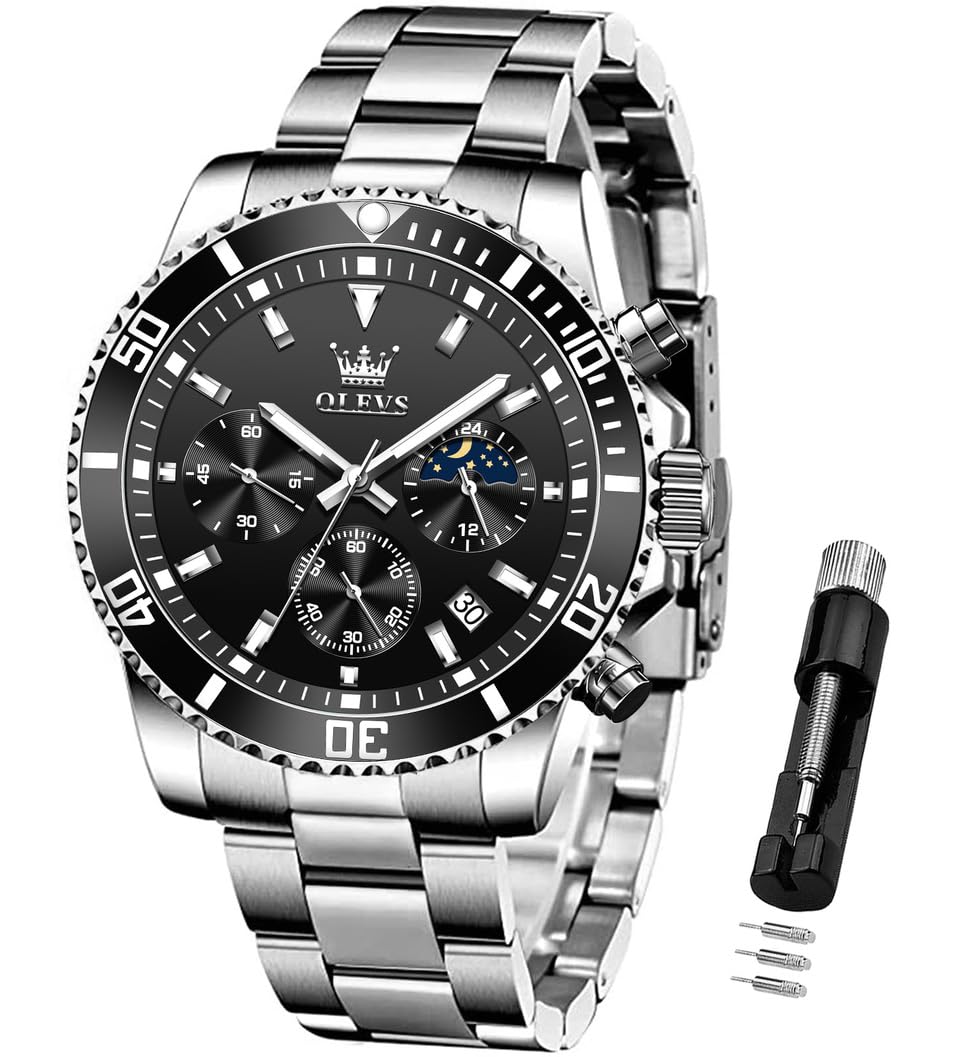 Watches for Men Chronograph Business Wrist Watches Analog Quartz Moon Phase Stainless Steel Waterproof Luminous Dress Watches