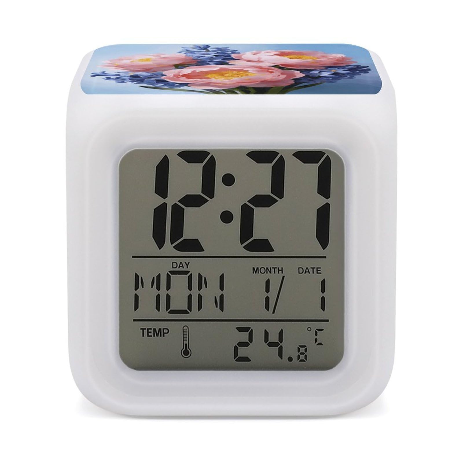 LZQPOEAS Powder Mist and Wind Signal Alarm Clock with 7 Color Changing Nightlight for Bedroom Calendar Temperature Display Wake Up Digital Clock Small Desk Clocks for Heavy Sleepers Adults
