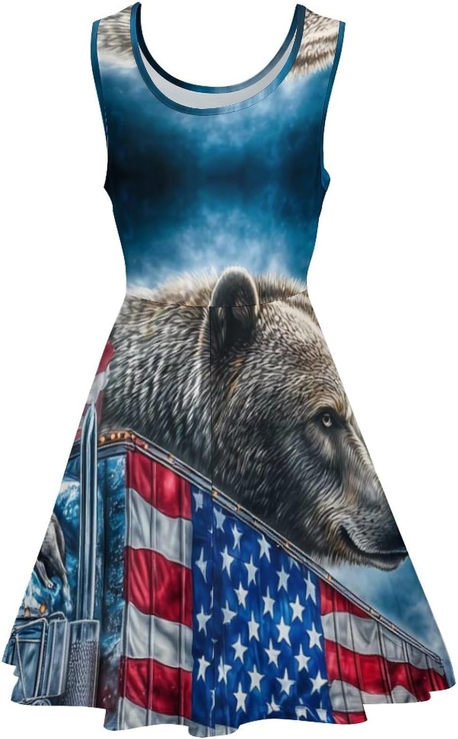U.S Flag Bear Truck Women's Dresses Round Neck Dress Sleeveless Tank Dress Ruffle Hem Sundress